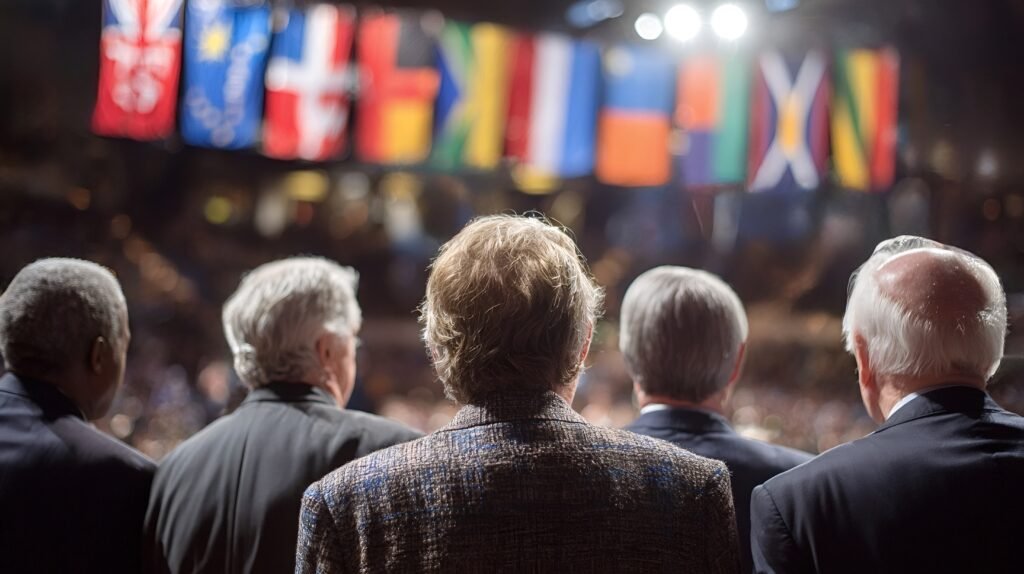 Politicians watching international flags at conference